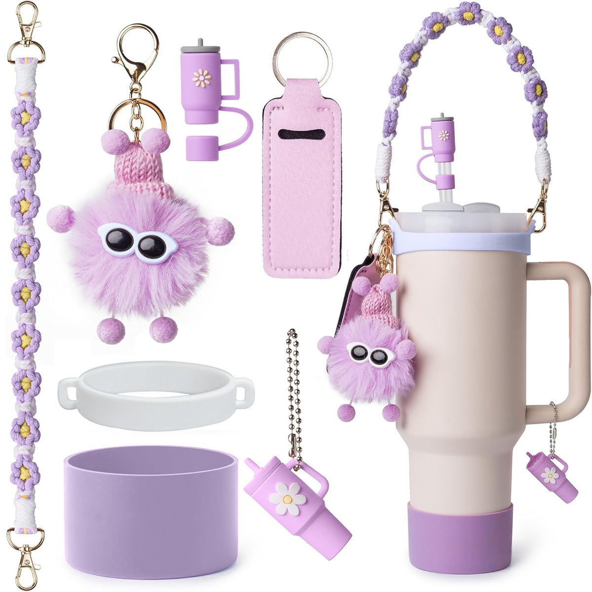 Wholesale Cartoon fur ball hanging chain lipstick set silicone cup set seven-piece set